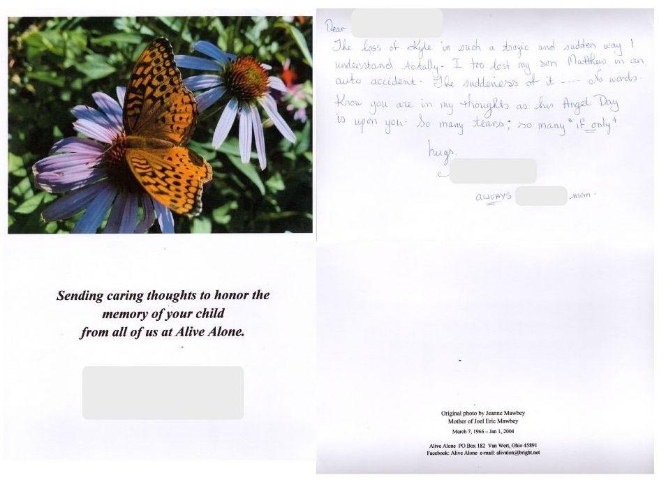 CareNote Care Note received by Roger & Deb Moroney near the date their son passed away